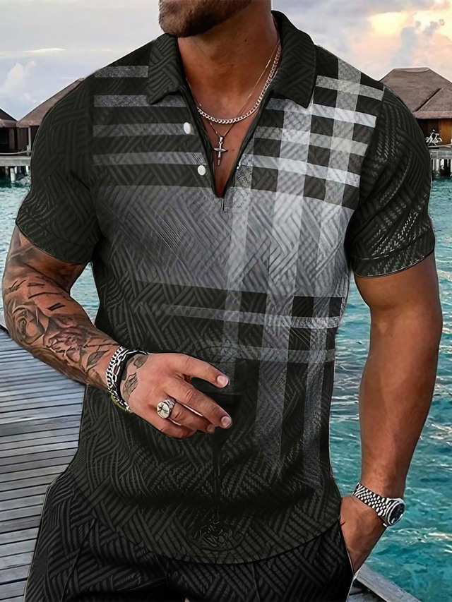  Men's Collar Polo Shirt Golf Shirt Striped Turndown Black / Gray Green Purple Brown 3D Print Street Daily Short Sleeve 3D Button-Down Clothing Apparel Fashion Casual Comfortable / Beach