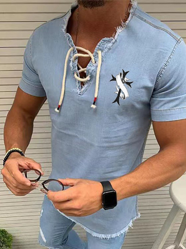  Men's T shirt  Shirt  Solid Colored Cross V Neck Casual Daily Drawstring Tassel Short Sleeve Tops Casual Cool Slim Fit Black / Gray Navy Blue Light Blue