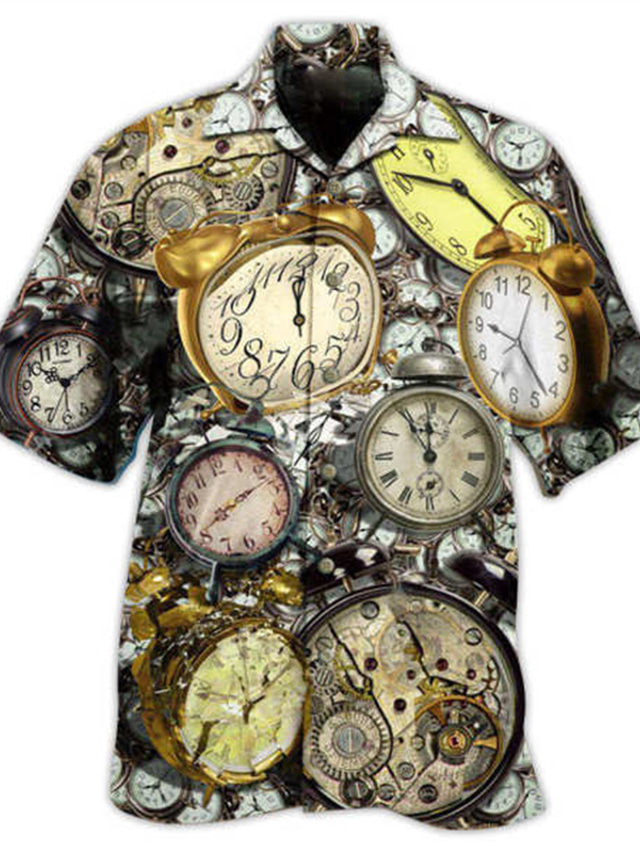  Men's Shirt Summer Shirt Graphic Clock Turndown Black / Gray Print Street Casual Short Sleeve 3D Button-Down Clothing Apparel Fashion Designer Casual Comfortable