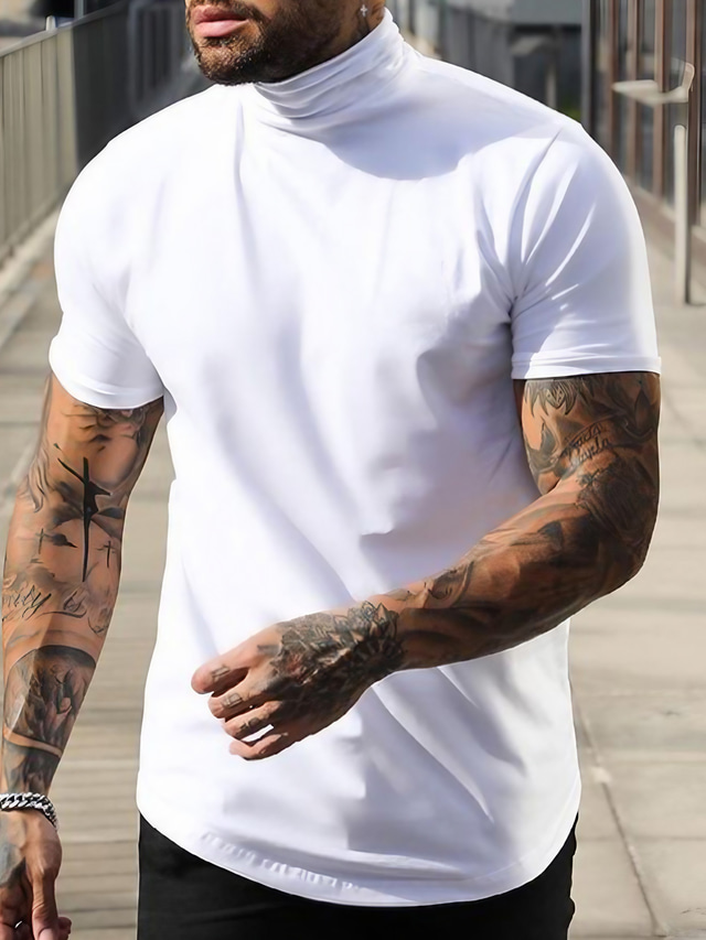  Men's T shirt Tee Summer Short Sleeve White Solid Color Turtleneck Street Daily Clothing Clothes Casual Fashion Comfortable