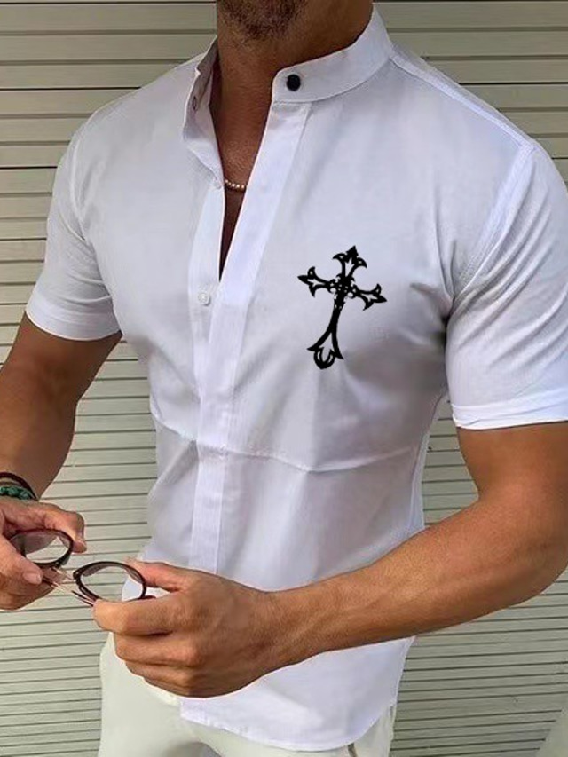  pánská košile jednobarevný kříž stojící límeček street ležérní potisk knoflíků polorukáv topy návrhář ležérní móda prodyšná a b bílá / léto