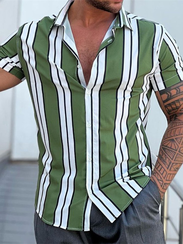  Men's Shirt Summer Shirt Striped Turndown Green / White Street Casual Short Sleeve Button-Down Clothing Apparel Fashion Casual Comfortable