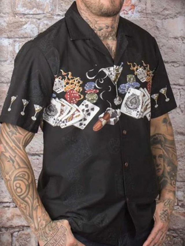  男性用 シャツ サマーシャツ グラフィック ポーカー 折襟 ブラック プリント ストリート 日常 半袖 3D ボタンダウン 衣類 ファッション デザイナー カジュアル 快適