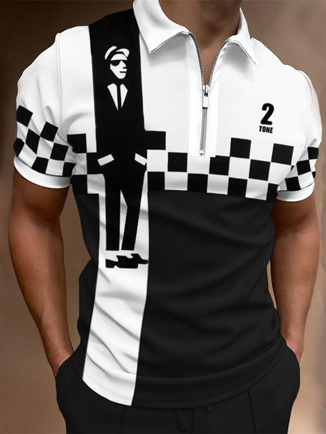  Men's Collar Polo Shirt Zip Polo Golf Shirt Zip Fashion Casual Comfortable Short Sleeve Black / White Plaid Turndown Zip Street Casual Zipper 3D Clothing Clothes Fashion Casual Comfortable