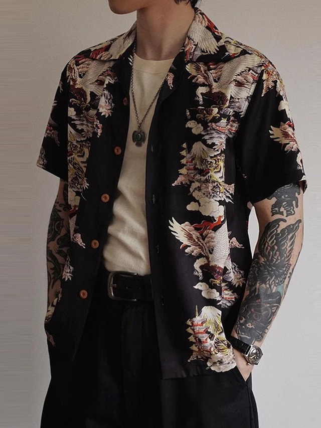 Chemise Homme Manches Courtes Imprimé Samouraï Chat - Col Montant, Style Décontracté Été