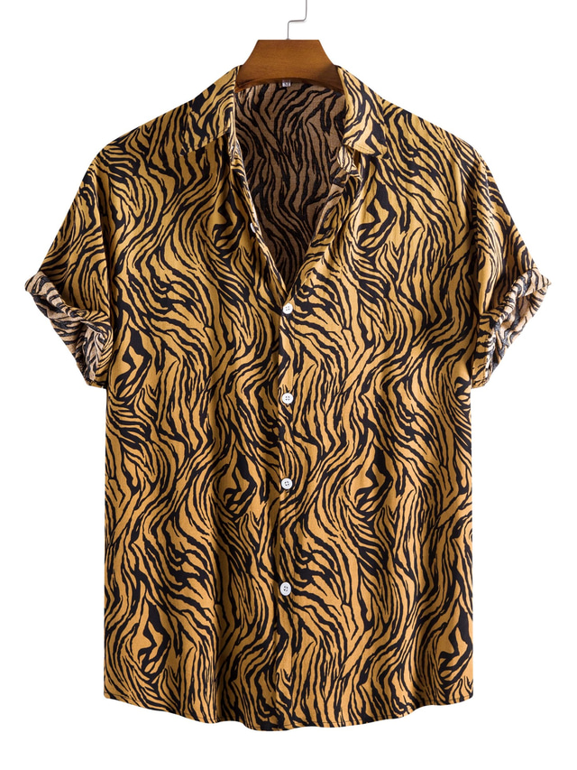  Men's Shirt Summer Shirt Leopard Turndown Black / White Yellow Green Print Outdoor Street Short Sleeve Patchwork Button-Down Clothing Apparel Fashion Designer Casual Breathable