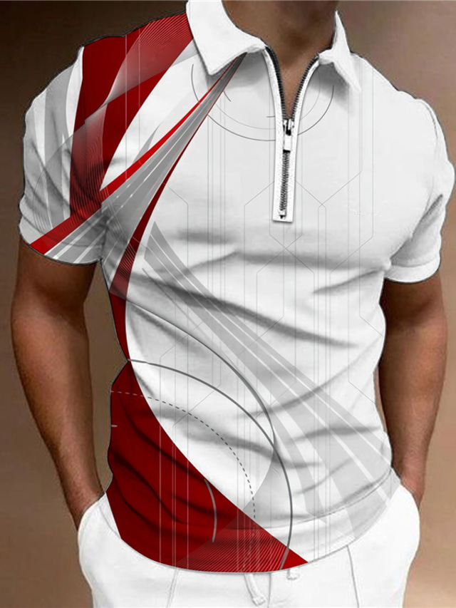  Voor heren Polo met rits POLO Shirt Golfshirt Strijkijzer Modieus Ontwerper Casual Korte mouw Geel Leger Groen Rood Koningsblauw blauw Paars Lineair 3D-afdrukken Strijkijzer Rits Casual Dagelijks