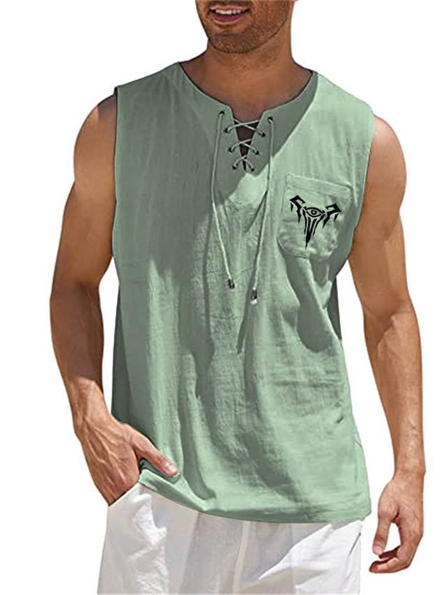  Men's Shirt Hot Stamping Graphic Patterned Eye V Neck Street Casual Lace up Print Sleeveless Tops Designer Casual Fashion Big and Tall Green Black Khaki / Summer / Spring / Summer