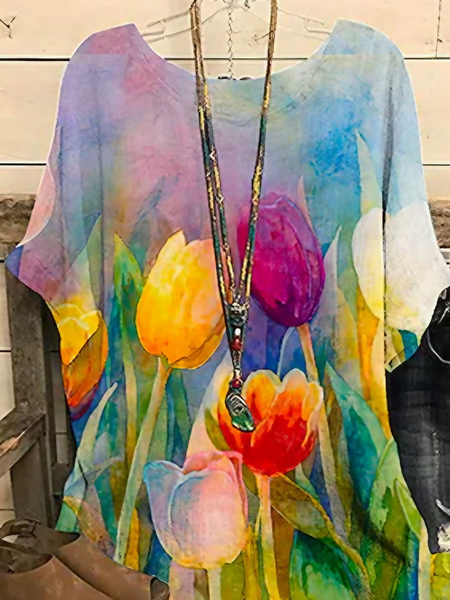  Blusa da donna taglie comode Chiffon Basic con stampa floreale maniche a dolman maniche corte girocollo quotidiana weekend blu estate primavera