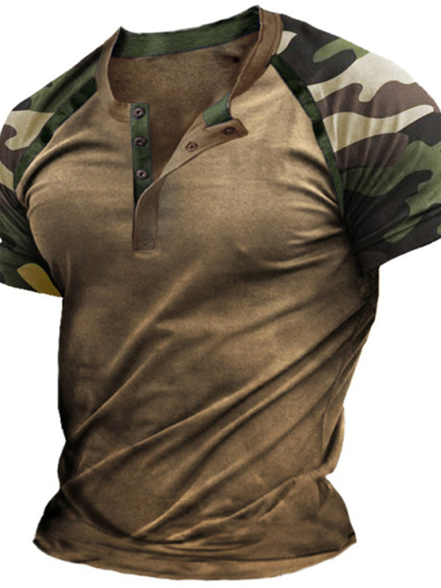  Men's Henley Shirt T shirt Tee Designer Summer Short Sleeve Graphic Color Block Camo / Camouflage Print Henley Street Casual Button-Down Print Clothing Clothes Designer Basic Classic Brown