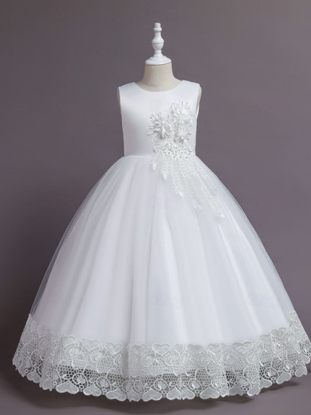  Barn Jente Blomsterjente kjole Kjole Blomsternål i krystall Ermeløs Bryllup Fest Lapper Broderi Elegant Prinsesse Polyester Maksi Blomstret broderikjole Kjole med A-linje Sommer Vår 4-13 år Hvit Gul