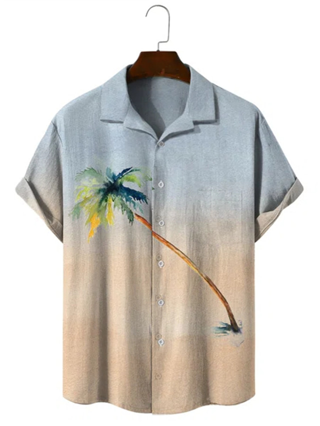  Men's Shirt Summer Shirt Tree Turndown Light Blue Print Street Daily Short Sleeve Button-Down Print Clothing Apparel Fashion Casual Breathable Comfortable