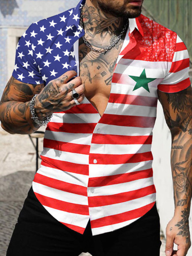  男性用 シャツ プリント グラフィック 国旗 折襟 ストリート カジュアル 3D ボタンダウン 半袖 トップの デザイナー カジュアル ファッション 快適 レッド-ホワイト