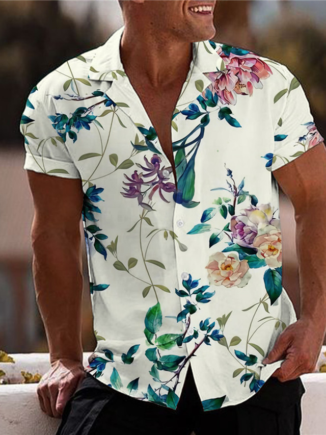  男性用 シャツ フラワー グラフィック 折襟 ベージュ プリント アウトドア ストリート 半袖 プリント ボタンダウン 衣類 ファッション デザイナー カジュアル 高通気性