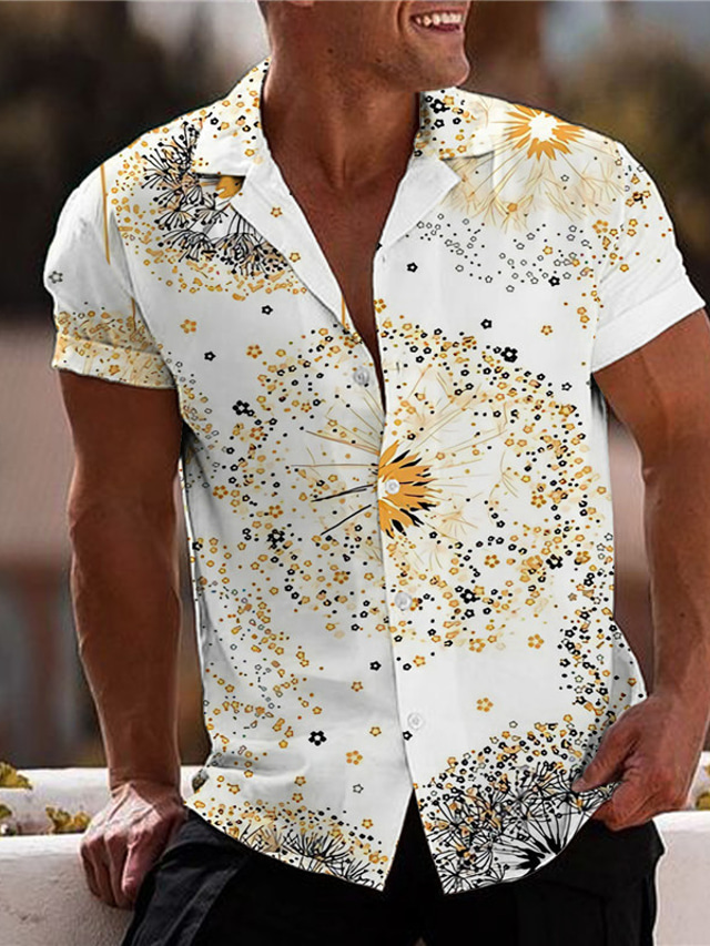  男性用 シャツ グラフィック タンポポ 折襟 ホワイト プリント アウトドア ストリート 半袖 プリント ボタンダウン 衣類 ファッション デザイナー カジュアル 高通気性