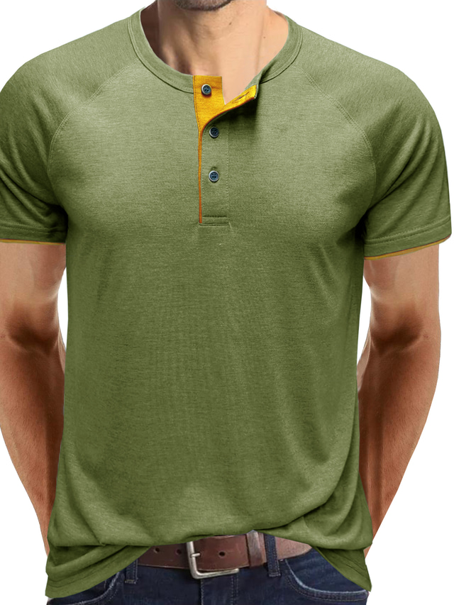  camiseta masculina camiseta manga cor bloco henley stard primavera verde branco azul cinza laranja