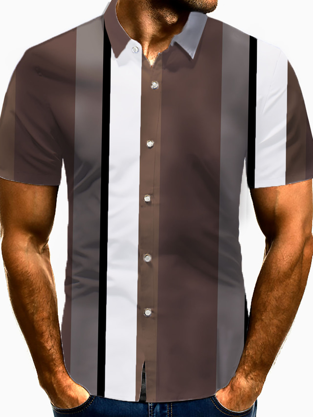  Men's Shirt Striped Turndown Street Casual Button-Down Print Short Sleeve Tops Casual Fashion Comfortable Khaki / Spring / Summer