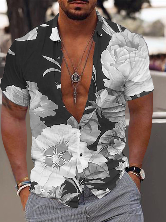  Men's Shirt Print Floral Turndown Street Casual Button-Down Print Short Sleeve Tops Designer Casual Fashion Breathable Black Army Green Navy Blue / Summer