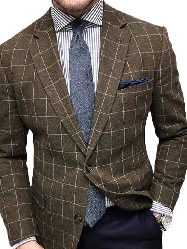  Men's Blazer Sport Jacket Sport Coat Thermal Warm Breathable Outdoor Street Going out Double Breasted Turndown Streetwear Business Elegant Jacket Outerwear Plaid / Check Pocket Brown Gray / Winter