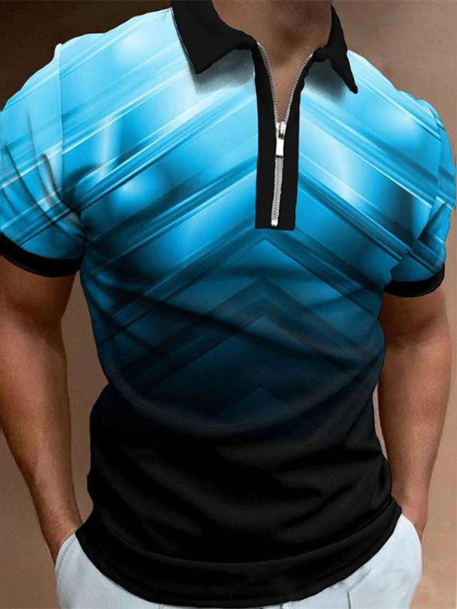  Herren Poloshirt Zip Polo Golfhemd Zip Modisch Casual Komfortabel Kurzarm Grün Purpur Rosa Leicht Blau Farbverlauf 3D-Druck Umlegekragen Zip Strasse Täglich Zip 3D Kleidung Modisch Casual Komfortabel