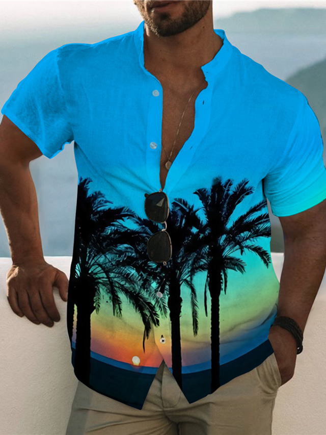  Men's Shirt Print Graphic Coconut Tree Stand Collar Casual Daily Button-Down Print Short Sleeve Tops Designer Casual Fashion Hawaiian Blue