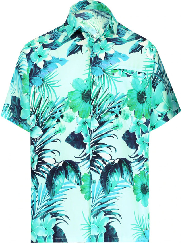  Men's Shirt Floral Turndown Street Casual Button-Down Short Sleeve Tops Casual Fashion Comfortable Beach Blue-Green