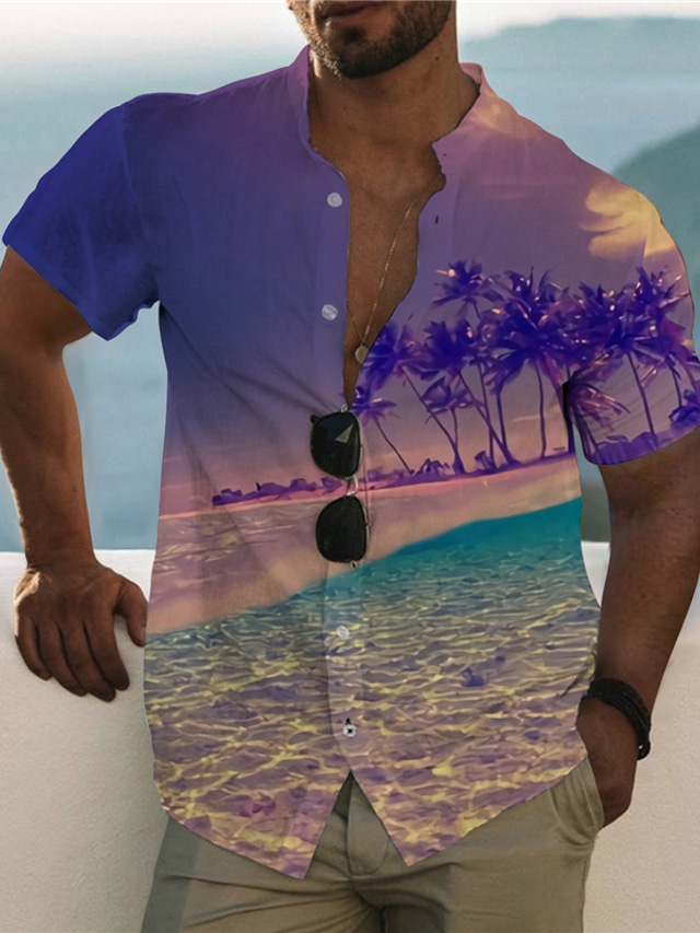  Men's Shirt Print Graphic Scenery Coconut Tree Stand Collar Casual Daily Button-Down Print Short Sleeve Tops Designer Casual Fashion Hawaiian Purple