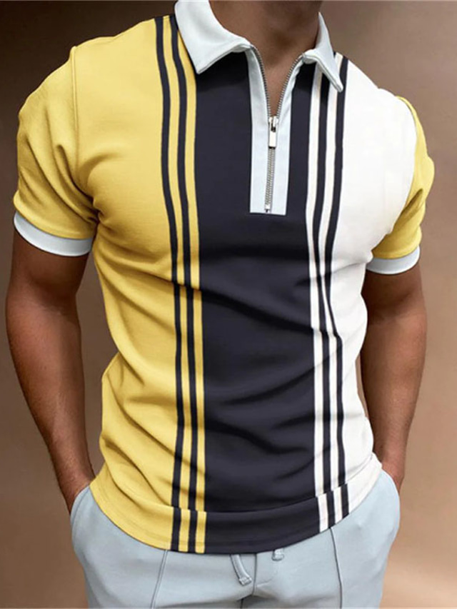  Men's Collar Polo Shirt Golf Shirt Color Block Turndown White / Green Yellow Blue / White 3D Print Street Daily Short Sleeve Zipper 3D Clothing Apparel Fashion Casual Breathable Comfortable / Beach
