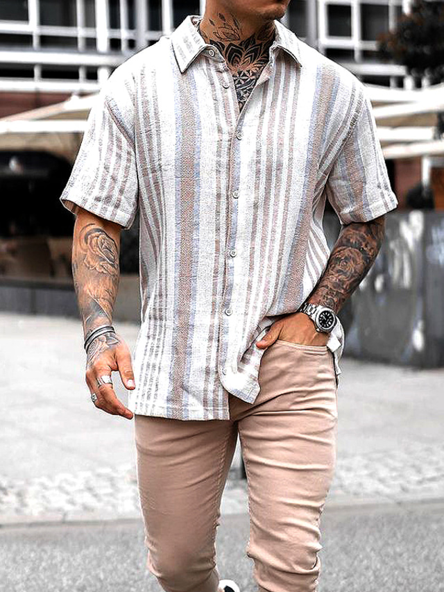  Camisa masculina listrada abertura diária de férias com botão para baixo manga curta tops moda casual confortável azul/branco