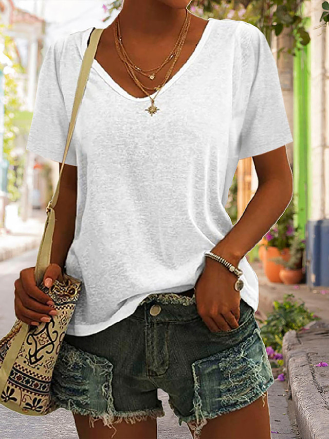  Damen Bluse T Shirt Grundlegend Glatt Täglich V Ausschnitt T-Shirt Ärmel Regulär Sommer Weiß Schwarz Blau Purpur Dunkelrot