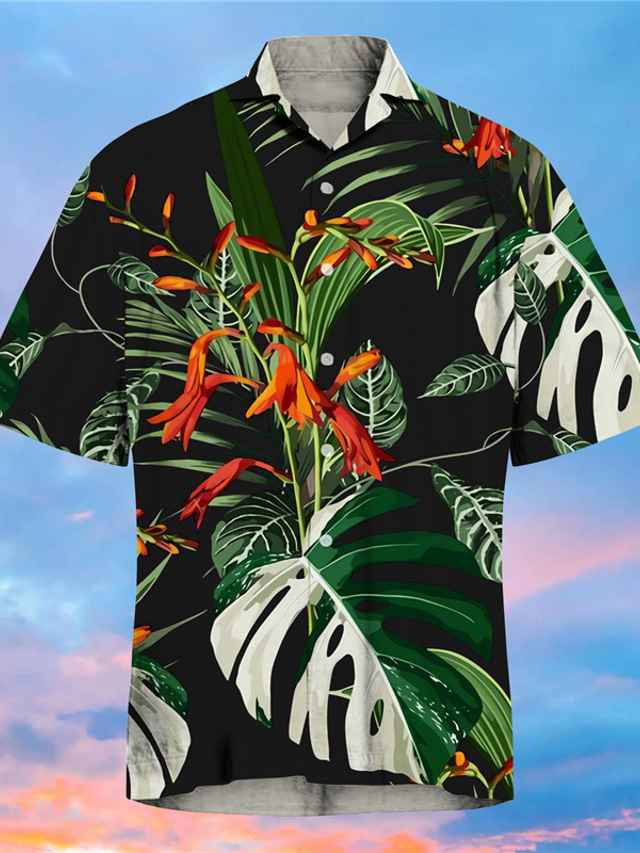  Hombre Camisa Estampado Hojas Cuello Vuelto Calle Casual Abotonar Estampado Manga Corta Tops Design Casual Moda Hawaiano Verde Trébol / Verano