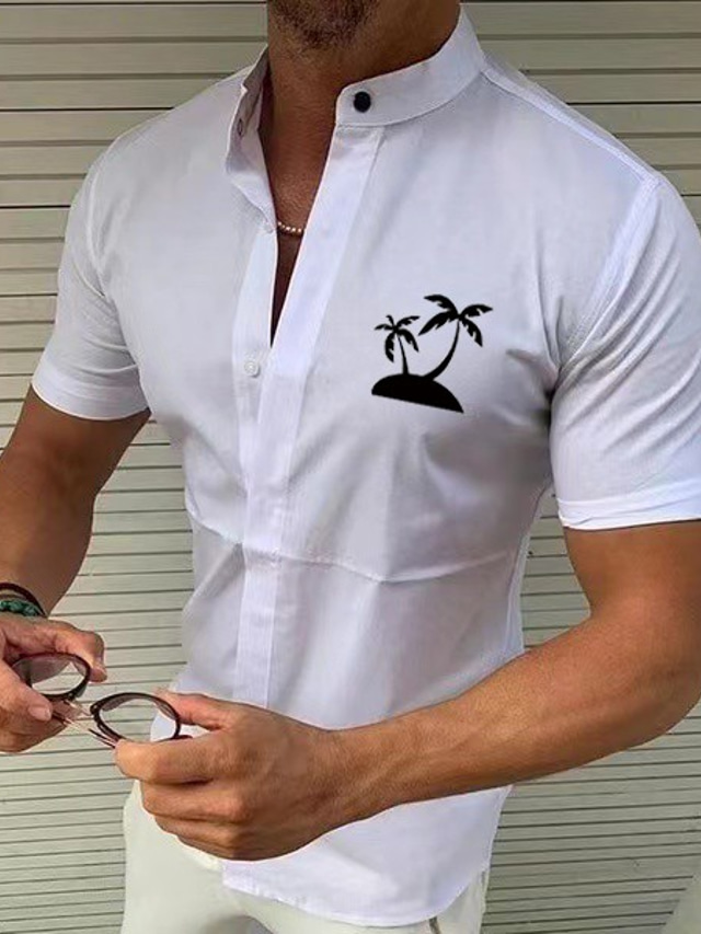  Men's Shirt  Solid Color Tree Coconut Standing Collar Street Casual Button-Down Print Half Sleeve Tops Designer Casual Fashion Breathable A B White / Summer