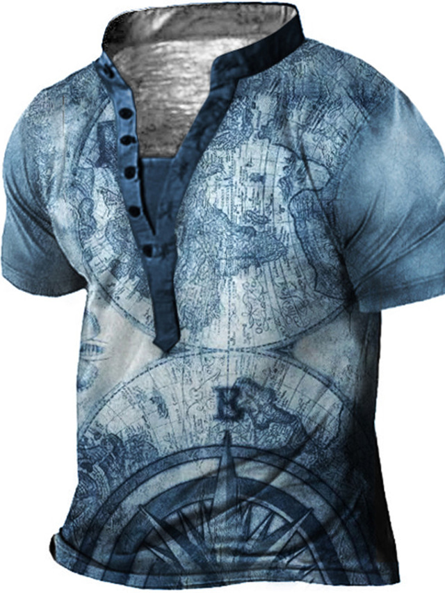  Men's Henley Shirt Tee T shirt Tee Designer Summer Short Sleeve Graphic Map Compass Print Plus Size Stand Collar Daily Sports Button-Down Print Clothing Clothes Designer Basic Casual Green Blue Purple