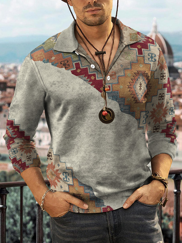  2022 ny grenseoverskridende europeisk og amerikansk 3d digital poloskjorte med nasjonalt karakteristisk trykk mote jakkeslag langermet skjorte for menn