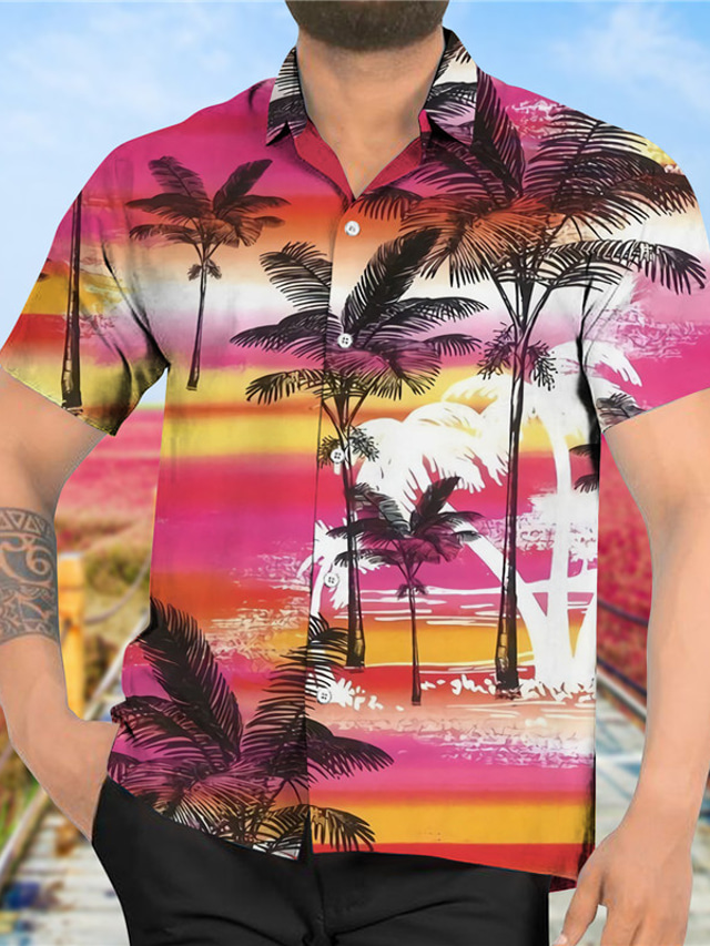  Voor heren Overhemd Print  Kokosnootboom Strijkijzer Straat Casual Button-omlaag Afdrukken Korte mouw Tops Ontwerper Casual Modieus Hawaii Regenboog / Zomer / Lente / Zomer