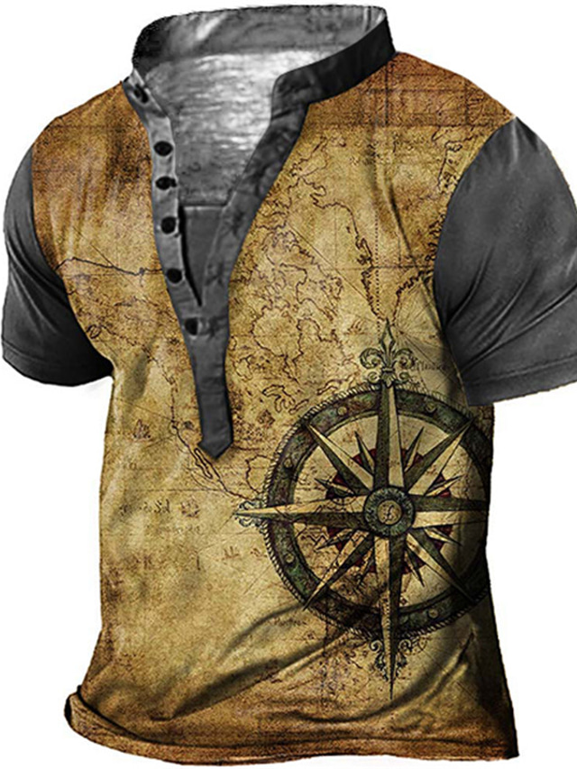  Men's T shirt Tee Henley Shirt Tee Designer Basic Casual Summer Short Sleeve Grey Brown Gray+Blue Graphic Compass Print Plus Size Stand Collar Daily Sports Button-Down Print Clothing Clothes Designer