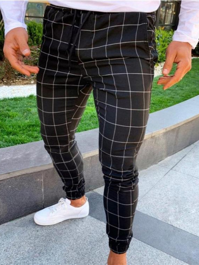  Men's Basic Essential Casual Jogger Ankle-Length Pants Plaid Checkered Mid Waist Black Grey Dark Grey Navy Blue M L XL 2XL 3XL