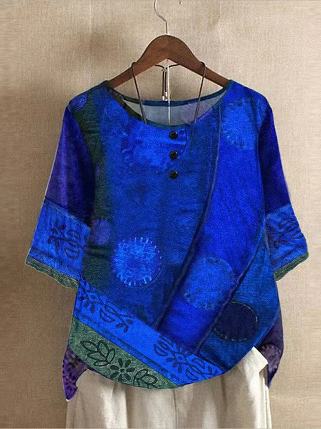  dame pluss størrelse linskjorte boho t-skjorte t-skjorte streetwear uformell farge blokk stripete trykk halvermet vanlige topper rund hals daglig sport helg rød blå lilla sommer vår
