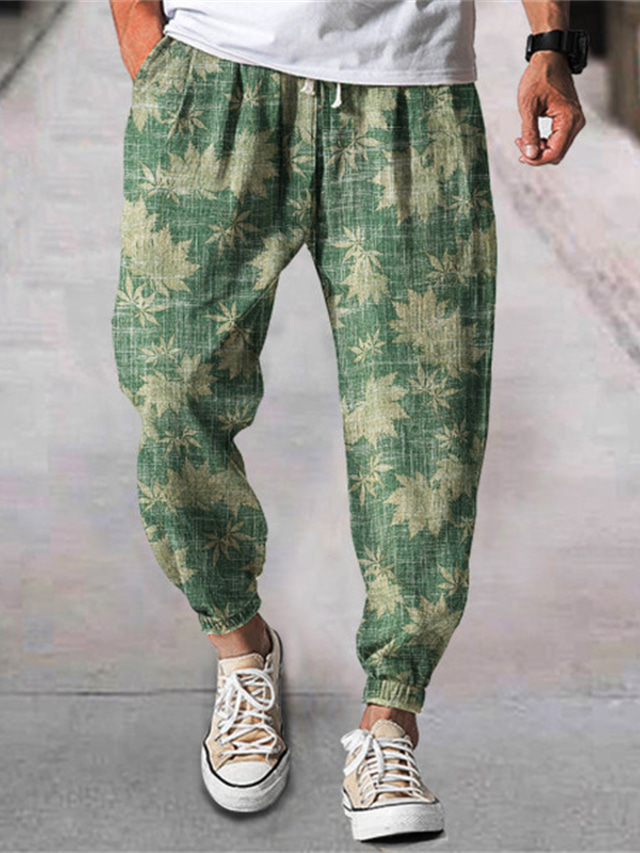  Men's Joggers Trousers Track Pants Stylish Chic & Modern Casual Casual Daily Holiday Micro-elastic Windproof Breathable Soft Graphic Leaf Mid Waist 3D Print Green S M L