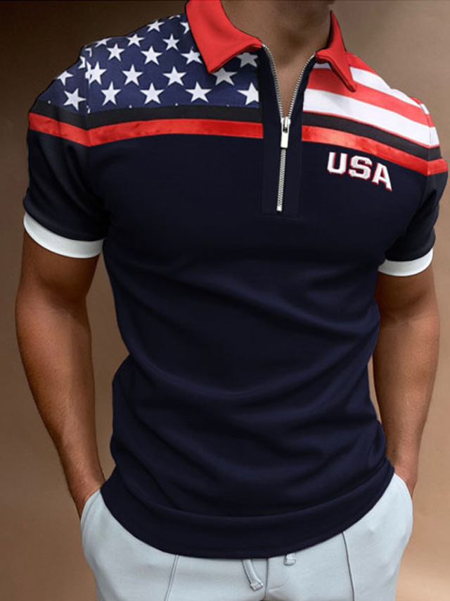  Herr POLO Shirt Golftröja Flagga Nedvikt Gata Ledigt Dragkedja Kortärmad Blast Ledigt Mode Bekväm Marinblå