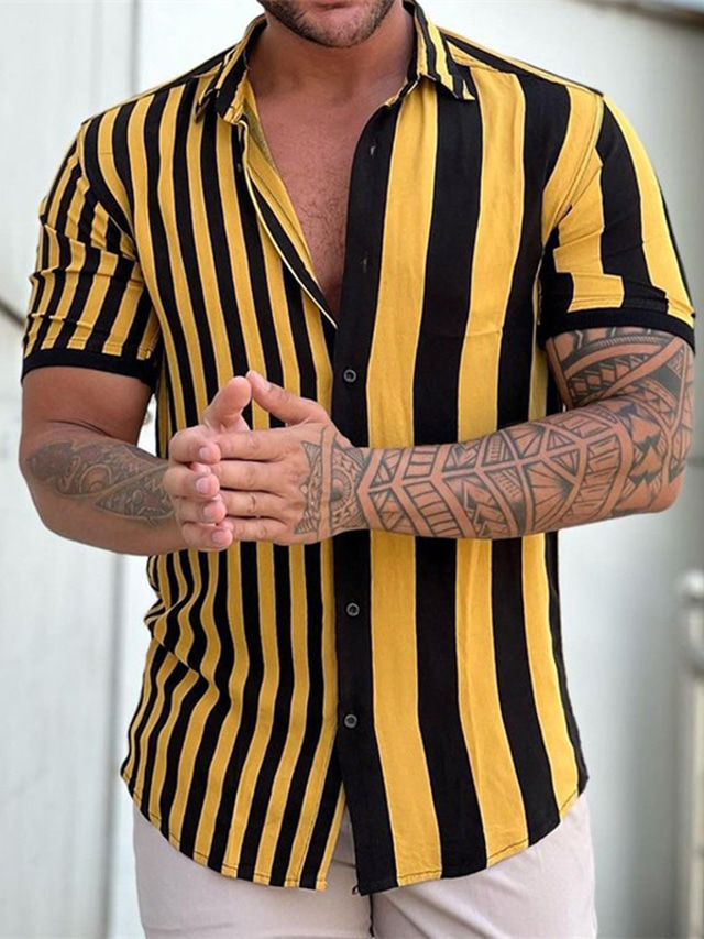  Men's Shirt Striped Turndown Street Casual  Button-Down Short Sleeve Tops Casual Fashion Comfortable Yellow