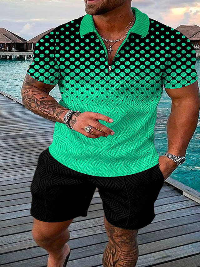  Men's Collar Polo Shirt Golf Shirt 3D Print Paisley Turndown Going out golf shirts Patchwork Print Short Sleeve Tops 2pcs Sportswear Punk & Gothic Green Blue Pink
