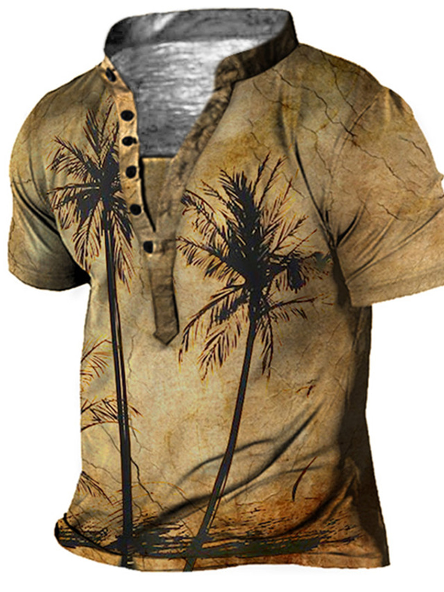  Men's Henley Shirt Tee T shirt Tee Designer Summer Short Sleeve Graphic Coconut Tree Print Plus Size Stand Collar Daily Sports Button-Down Print Clothing Clothes Designer Basic Casual Brown
