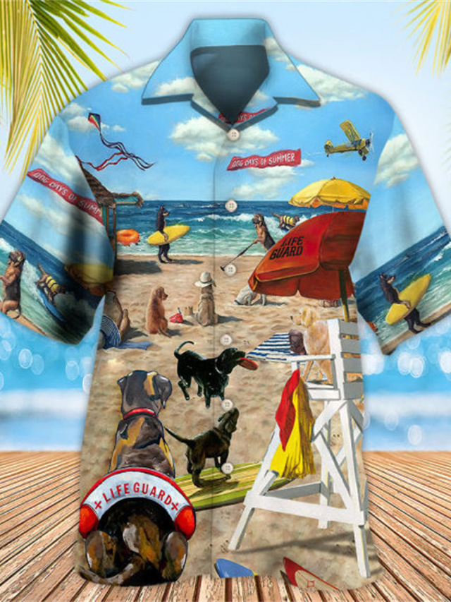  Men's Shirt Summer Shirt Graphic Dog Turndown Light Blue Print Street Daily Short Sleeve 3D Button-Down Clothing Apparel Fashion Designer Casual Comfortable