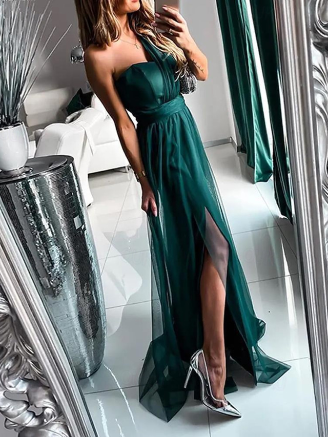  A-Line Wedding Guest Chrismas Dress Sexy Dress Wedding Guest Prom Sweep / Brush Train Sleeveless One Shoulder  with Pleats Slit  dress to impress 2025