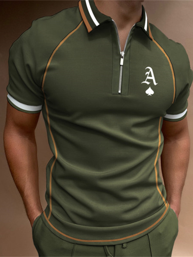  男性用 ポロシャツ ゴルフシャツ レタード 折襟 ストリート カジュアル ジッパー 半袖 トップの カジュアル ファッション 快適 アーミーグリーン