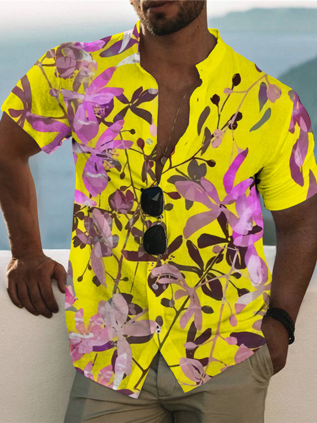  Herr Skjorta Tryck Blommig Grafisk Hög krage Ledigt Dagligen Button-Down Mönster Kortärmad Blast Designer Ledigt Mode Bekväm Gul