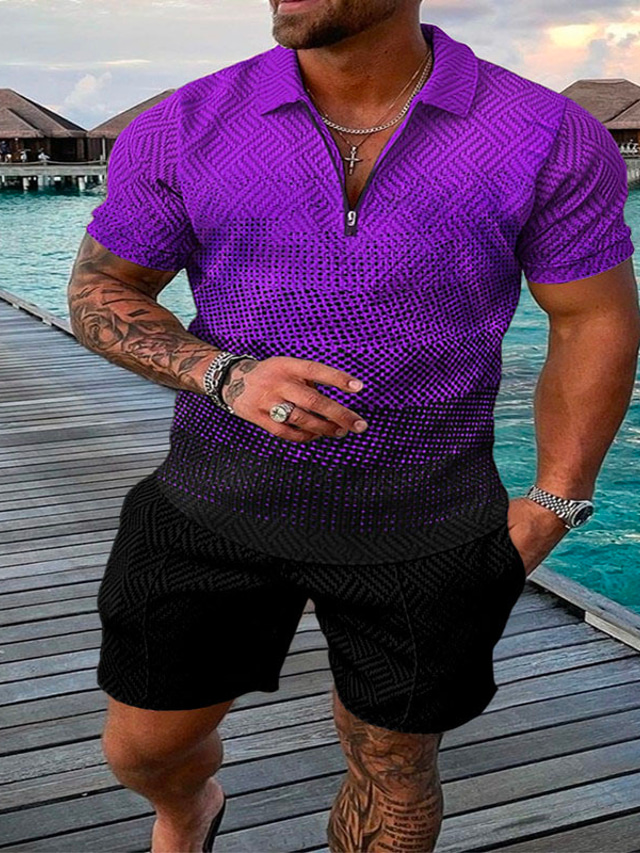  Men's Collar Polo Shirt Zip Polo Golf Shirt Zip Sportswear Punk & Gothic Short Sleeve Green Purple Pink Curve Waves 3D Print Turndown Zip Going out golf shirts Patchwork Print Clothing Clothes 2pcs