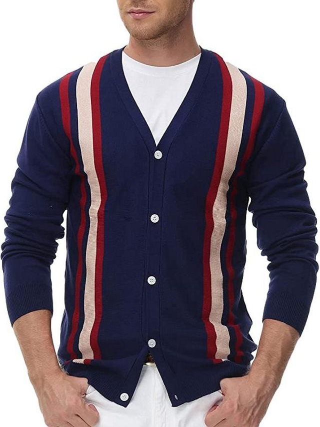  Men's Cardigan Color Block V Neck Navy Blue Outdoor Street Long Sleeve Braided Button-Down Clothing Apparel Basic Fashion Casual Breathable