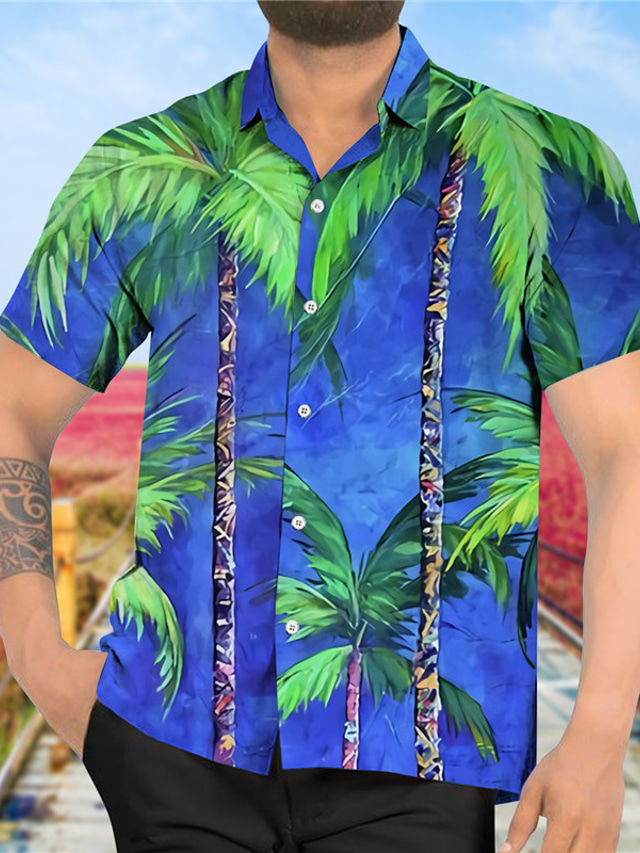  Herren Hemd Druck Kokosnussbaum Umlegekragen Strasse Alltag Button-Down Bedruckt Kurzarm Oberteile Designer Alltag Modisch Hawaiianisch Blau / Sommer
